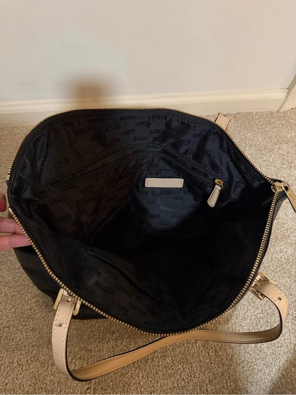 Michael Kors Black Pebbled Leather Tote with Beige Straps and Gold Accent